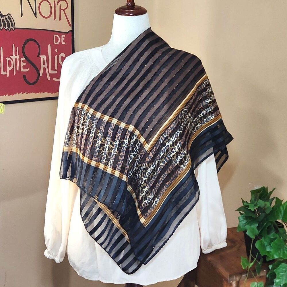 Liz Claiborne Sheer Striped Leopard Print Square Scarf Metallic Gold Black 34 in